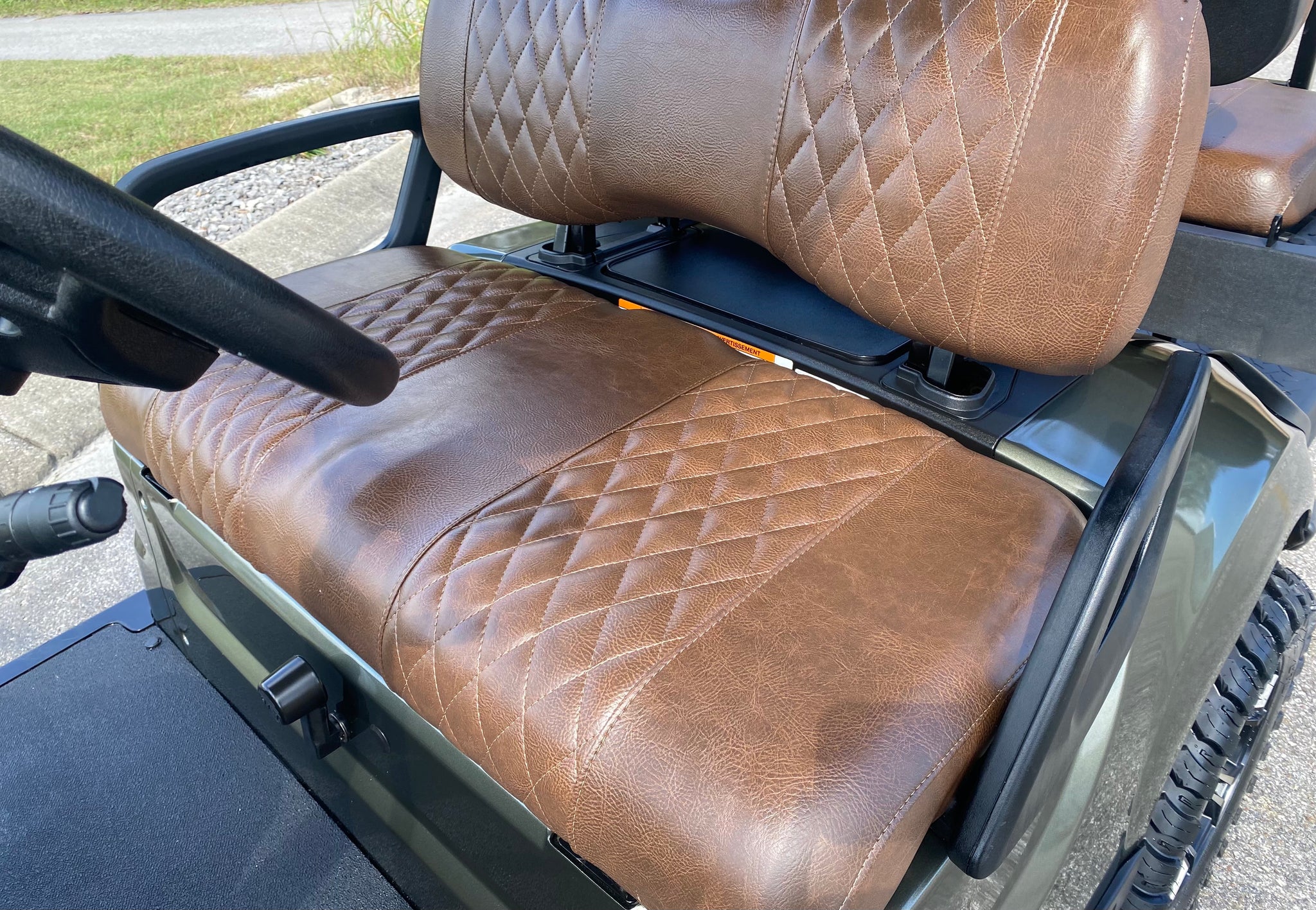 Brown diamond stitch with brown outer panel, white thread golf cart seat cover