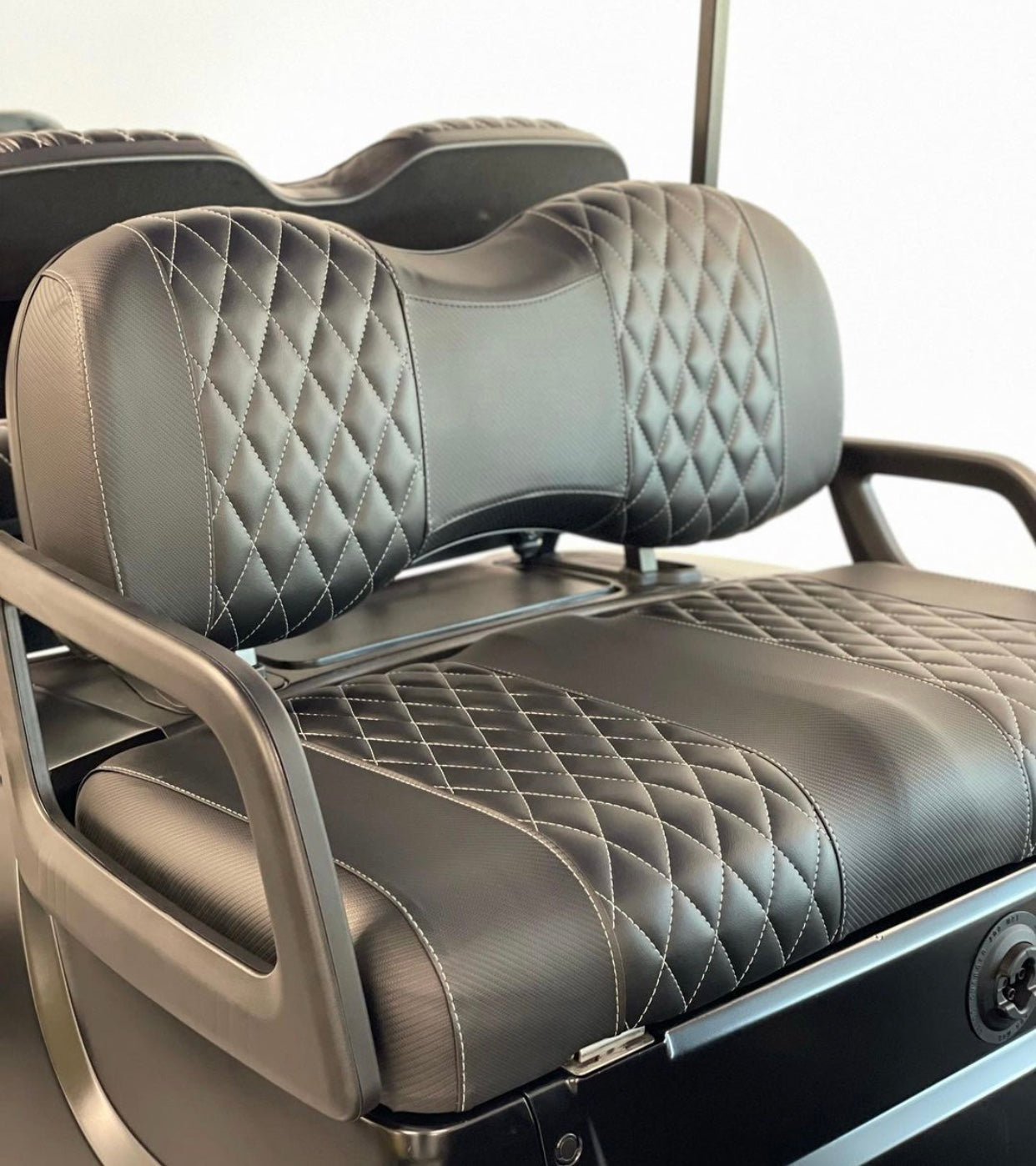 Black diamond stitch with black panel & white thread golf cart seat cover