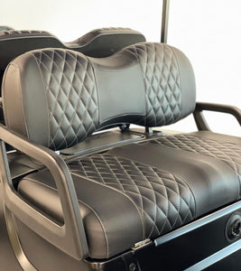 Black diamond stitch with black panel & white thread golf cart seat cover