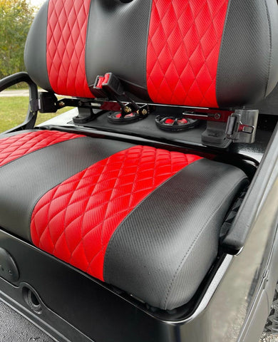 Red diamond stitch with black outer panel golf cart seat cover