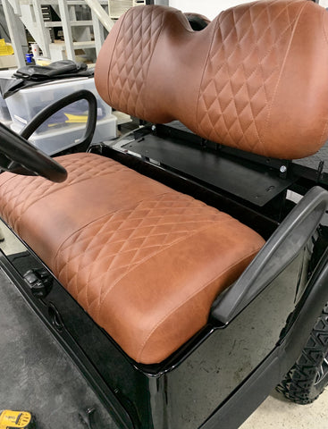 Tan diamond stitch with tan outer panel, white thread golf cart seat cover